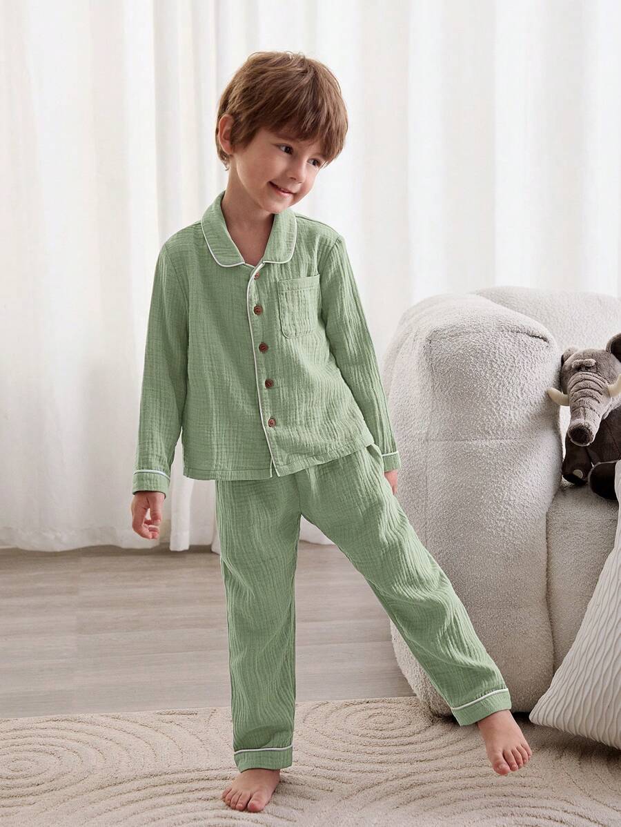 Cozy Pixies Bộ đồ ngủ gồm 2 chiếc áo len cardigan dài tay cổ viền tương phản cho bé trai và quần dài - màu xanh lá - Xem 1