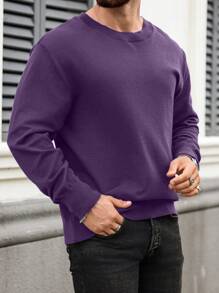 Manfinity CityGents Pull en tricot décontracté à col ras du cou à manches longues de couleur unie grande taille pour hommes, automne/hiver - Prune - Voir 5