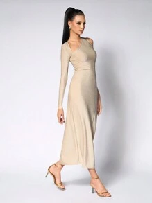 JIAN LASALA Women Apricot Midi Dresses Party,Casual Asymmetrical Neck Long Sleeve Plain Asymmetrical,Split Thigh,Cut Out Summer Outfits For Women Summer Dress For Women Sundress For Women Vacation Outfits Going Out, Wedding Guest Dress Women - Apricot - View 6