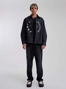 Musero Oversized Long Sleeve Button Through Collared Graphic Stars Print Shirt Autumn Winter Essentials Streetstyle - Black - View 5