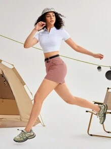 In My Nature Women's Letter Print Pocket Drawstring Waist Outdoor Shorts Hiking Women Clothes - Pink - View 9