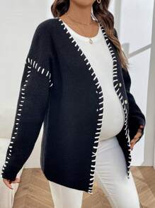 SHEIN Suéter de maternidad de frente abierto, tejido de invierno - Negro - Ver 4