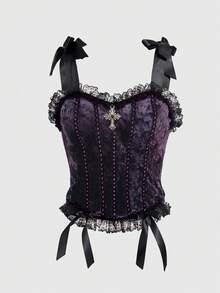 ROMWE Goth 哥特式暗黑风格宫廷天鹅绒蕾丝交叉绑带蝴蝶结优雅女士吊带背心 - 紫色 - 查看 4