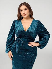SHEIN Belle Velvet Plus Size Christmas V-Neck Cinched Waist Velvet Lantern Sleeve Dress, Elegant For Autumn/Winter High-Quality Sequin V-Neck Long Sleeve Slit Sleeve Fitted Plus Size Mother Of The Bride Formal Evening Gown Dress (Deluxe Edition), Prom Dress, For Wedding Guest, Graduation, Dinner