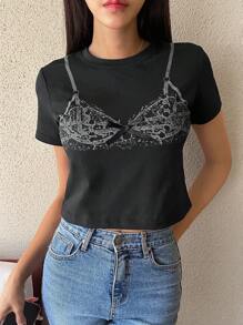 DAZY Women's Fashionable Printed Short Tee, Can Be Worn As Outerwear Graphic Tee - Black - View 2