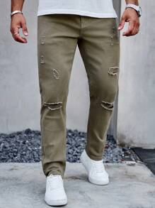 Manfinity Homme Men's Casual Distressed Tapered Fit Jeans - Green - View 3