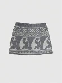 ROMWE Kawaii Cute Penguin Heart & Bow Decor Knit Sweater Mini Skirt