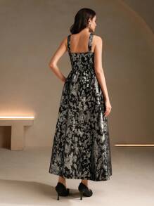 Anewsta Women's Black Embroidered Backless Spaghetti Strap Maxi A-Line Dress, - Black - View 7