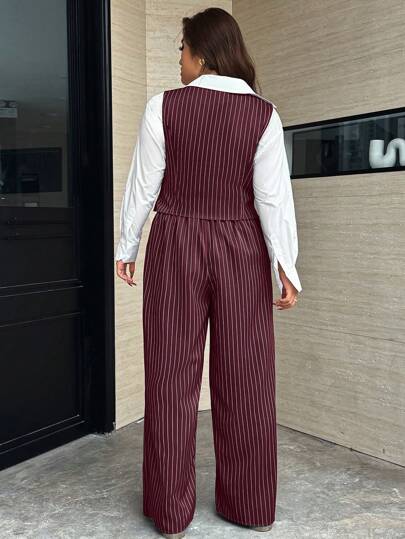 Easura 大码女式休闲宽松条纹单排扣背心和裤子套装，秋季
