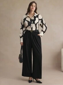 BizChic 大码几何印花宽松优雅办公衬衫 - 杏色 - 查看 1