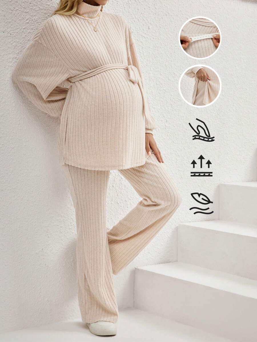 SHEIN 2 件套孕妇休闲纯色立领长袖上衣和裤子套装，舒适休闲 - 杏色 - 查看 1