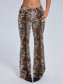 SHEIN ICON 虎纹印花口袋牛仔喇叭裤 紧身喇叭裤 - 彩色 - 查看 5