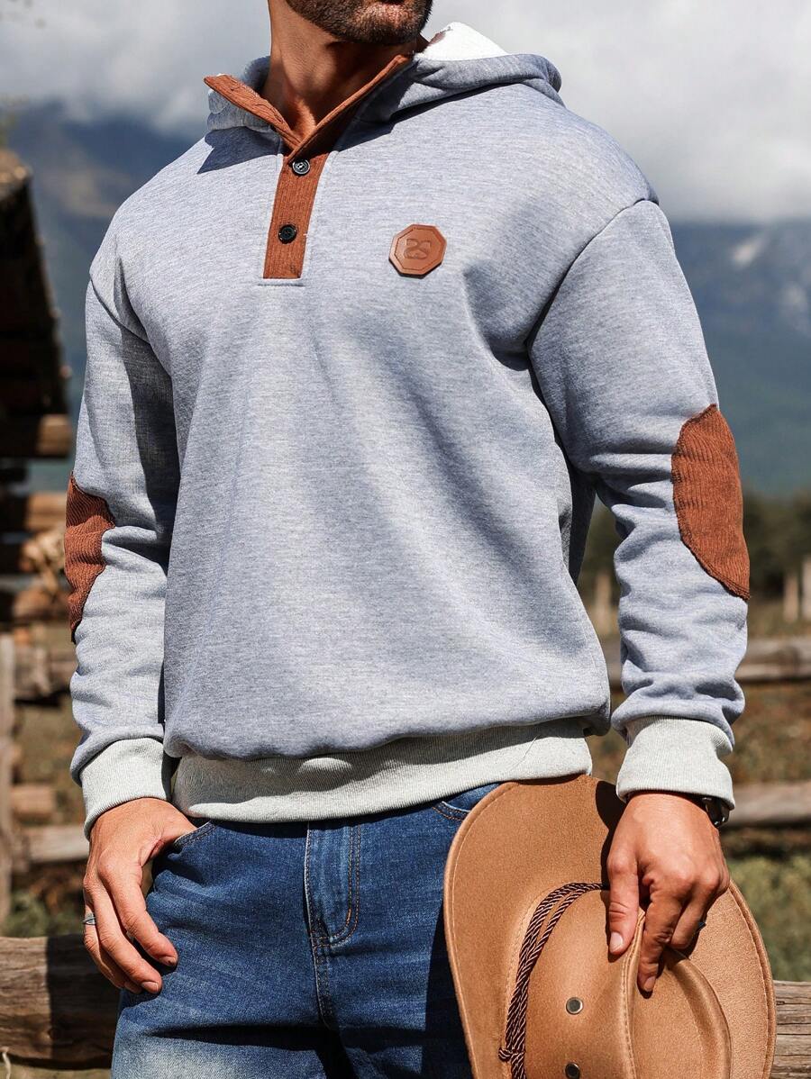 Manfinity Homme Men's Autumn/Winter Contrast Color Letter Patched Design Long Sleeve Hoodie Casual Sweatshirt Americana Hoodie, For Friends, Husband, Boyfriend Gifts - Grey - View 1