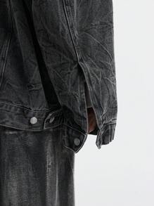 Manfinity VCAY Men's Plain Front Button Long Sleeve Simple Casual Woven Dark Cotton Denim Jacket - Grey - View 6