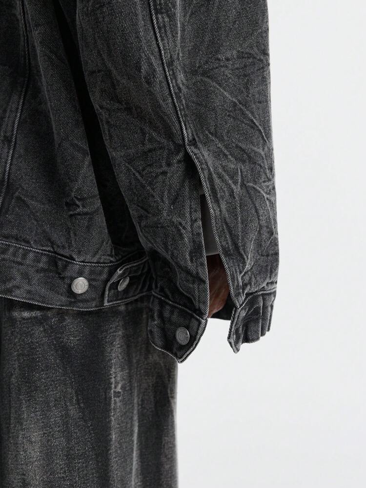 Men's Plain Front Button Long Sleeve Simple Casual Woven Dark Cotton Denim Jacket