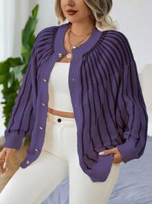 Calvaya Cárdigan informal de manga larga a rayas de talla grande con un solo botonadura, para otoño/invierno - Morado - Ver 4