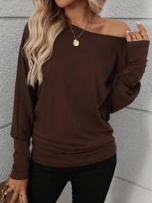 SHEIN LUNE 1 件女式纯色圆领长袖休闲衬衫，适合日常穿着 - 鏽棕色 - 查看 5