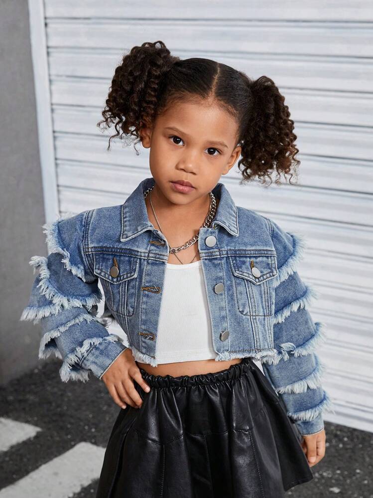 YOUNG GIRL 复古街头时尚荷叶边下摆短款牛仔夹克，一年四季百搭时尚单品 - 淺色水洗藍 - 查看 6