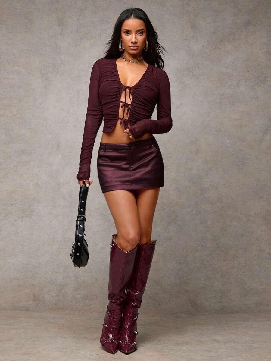 SHEIN BAE Women Burgundy Solid High Street Versatile Casual Wear, Performance , Coated Leather-Like PU Retro Textured High Waist Low Waist Shorts/Skorts/Mini Shorts, Suitable For Party, Christmas, Thanksgiving, Sexy Mermaid Office , Angola Red Skirt/Winter Women Skirts, Christmas Skirt, New Year's Eve