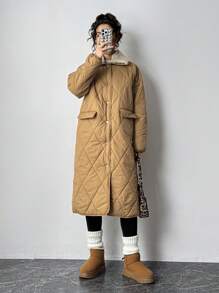 SHEIN Essnce 冬季卡其色中长款加厚保暖羽绒服女可拆卸仿毛领中长款大码派克大衣原宿风夹克纯色女装外套冷天气衣服 - 杏色 - 查看 4