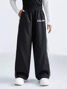 SHEIN Tween Boys Letter Print Pockets Side Stripe Wide Leg Loose Casual Pants