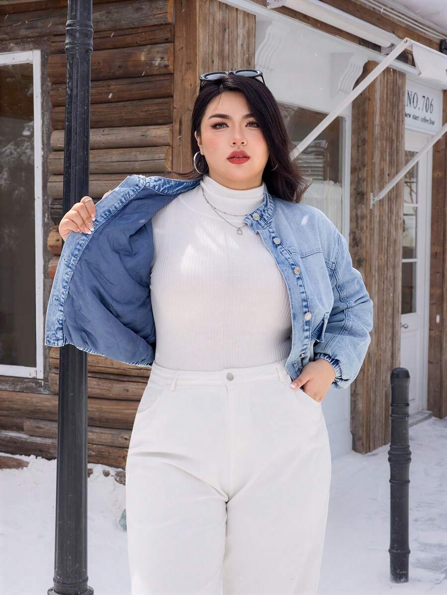 SHEIN EZwear Washed Non-Stretch Denim Winter Padded Jacket - Light Wash - View 1