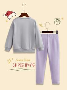 Young Girl Casual Funny Christmas Cartoon Print Drop Shoulder Loose Thermal Lined Sweatshirt And Elastic Waist Pants 2 Pieces Set, Autumn/Winter - Multicolor - View 2