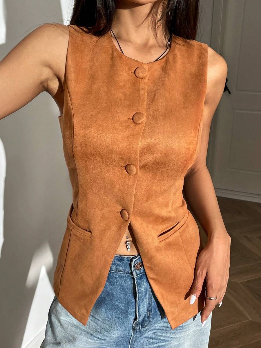 SHEIN EZwear Women Single-Breasted Plain Vest Jacket, Autumn - Brown - View 1