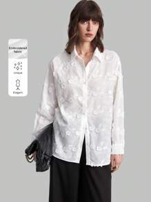 Ontre 女式 2025 新款时尚白色优雅花朵刺绣纹理长袖衬衫，秋季女士休闲外套纽扣衬衫 - 白色 - 查看 8