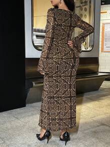 Modelyn Women Lace-Up Front Long Sleeve Leopard Print Simple Casual Dress