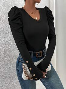 EMERY ROSE Solid Color Button Decor V-Neck Casual Versatile Long Sleeve T-Shirt Fall Cloth For Women - Black - View 5