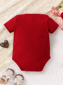 女婴休闲时尚雪人豹纹字母标语图案长袖连体衣，圣诞节 - 酒紅色 - 查看 2