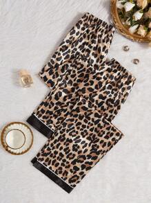 Set de 2 pantalones de pijama de satén con estampado de leopardo para mujeres - Negro - Ver 1