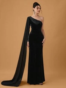 SHEIN Belle Plus Size Women's Elegant Knitted Black Velvet Splicing Beaded Waist Fitted Formal Evening Dress Gown, Long Sleeve Prom Dress, For Wedding Guest, Graduation, Dinner - Black - View 7