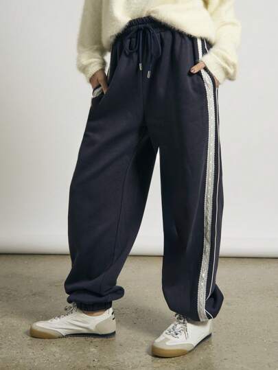 AiiRZ Classic Athletic Jogger Sweatpants With Lace Trim Side Stripe Cuffed Ankle Loungewear For Workout Yoga Running Leisure Fall Winter