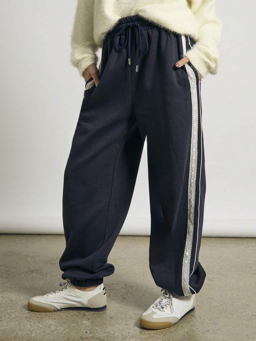AiiRZ Classic Athletic Jogger Sweatpants With Lace Trim Side Stripe Cuffed Ankle Loungewear For Workout Yoga Running Leisure Fall Winter - Navy Blue - View 1