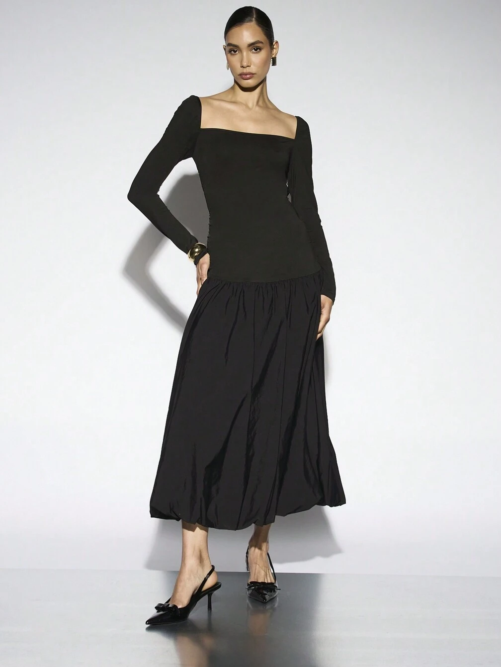 drop waist long sleeve maxi dress drop waist dress maxi Benedetta Black & Cream Long-Sleeve Drop-Waist Maxi  Dress  Club L London
