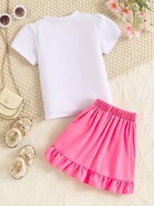 SHEIN 2 件套年轻女孩花卉和字母印花泡泡袖上衣搭配纯色荷叶边下摆裹身裙套装 - 粉色 - 查看 2