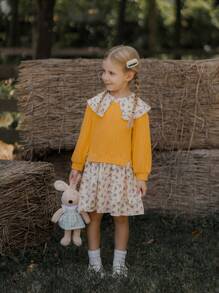 SHEIN Young Girl Casual Contrast Color Patchwork Ditsy Floral 2 In 1 Sweatshirt, Autumn