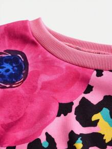 Girl & Teen Girls Casual Leopard & Floral Print Long Sleeve Loose Sweatshirt, Comfortable For Daily Wear, Vacation, Spring/Autumn - Multicolor - View 3