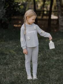 SHEIN 2 stuks "Young Girl" Letter Print Rabbit Patch Hooded Top met lange mouwen en broekset