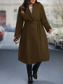 SHEIN Clasi Áo khoác dài tay màu trơn cỡ lớn cho nữ, đơn hàng khuy, dài thường ngày, mùa thu/đông - màu nâu - Xem 5