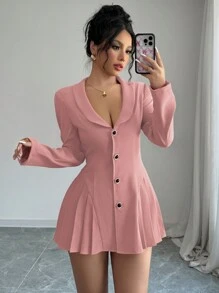 Elenzga 腰部收紧褶皱心形领长款 A 字西装外套 - 粉色 - 查看 3