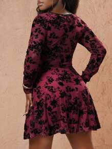 Slaydiva Sexy & Elegant V-Neck, Mesh & Flocked Trim, Long Sleeve A-Line Mini Dress, Red - For Valentine's Day - Black - View 4