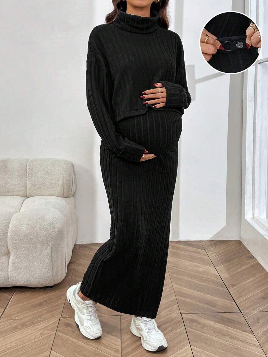 SHEIN 2pcs Set Pregnant Women Rib Knit Maxi Skirt - Black - View 1