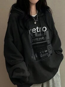 DAZY Women Hooded Pattern Printed Loose Pocket Fleece Sweatshirt,Fall Clothes,Winter Hoodies - Black - View 3