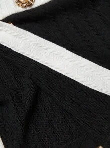 SHEIN MOD Women's Black Crop Round Neck Long Sleeve Knit Top, Metal Button Decoration,Long Sleeve Shirt,