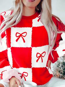 SHEIN LUNE 女士休闲蝴蝶印花圆领长袖宽松运动衫，秋冬 - 紅白色 - 查看 1