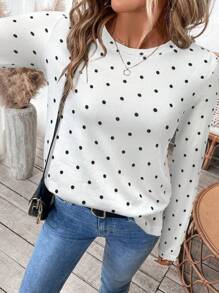 SHEIN LUNE 柔软清新波点印花女长袖T恤，2024年流行早秋新品 - 白色 - 查看 4