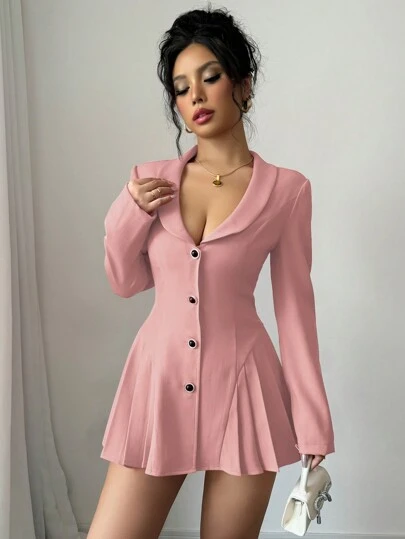 Elenzga 腰部收紧褶皱心形领长款 A 字西装外套